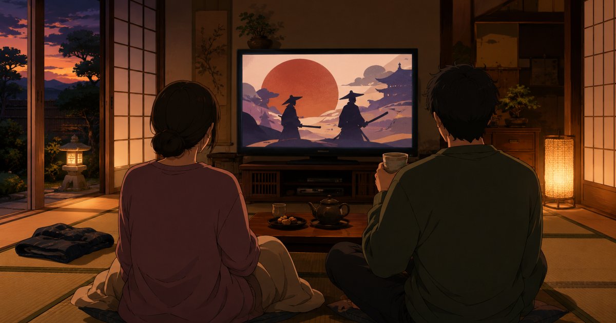 畳の部屋で夫婦がお茶を飲みながら並んで時代劇を見ている後ろ姿
