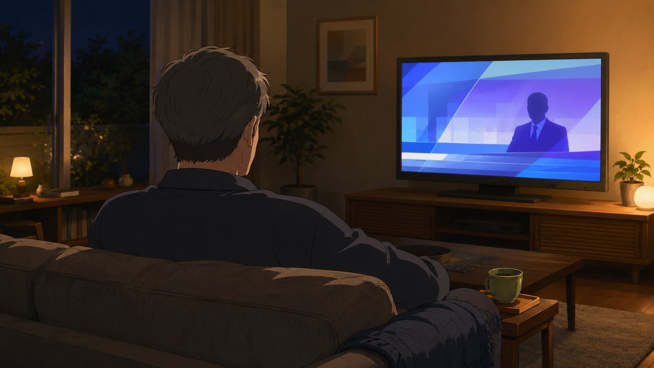 夜のリビングで、テレビに映るニュース番組風の抽象的な映像をソファでくつろいで見る初老の男性の後ろ姿。手元に湯呑み。暖色の照明、劇場アニメ調セル画タッチ