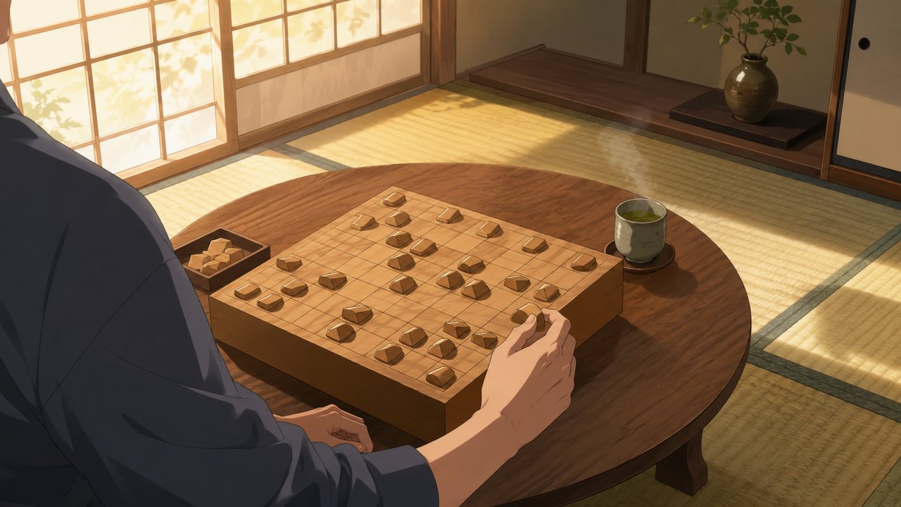 和室のちゃぶ台で将棋盤を見つめる男性の手元（架空の人物・顔なし）。障子越しの柔らかな自然光、落ち着いた色調、セル画調