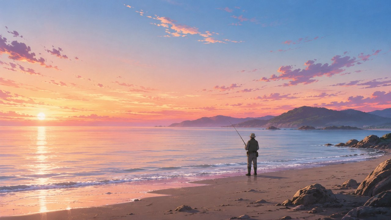 早朝の穏やかな海辺で釣り竿を手に立つ中年男性の後ろ姿の遠景。朝焼けの空、静かな情景。ノスタルジックなセル画タッチ