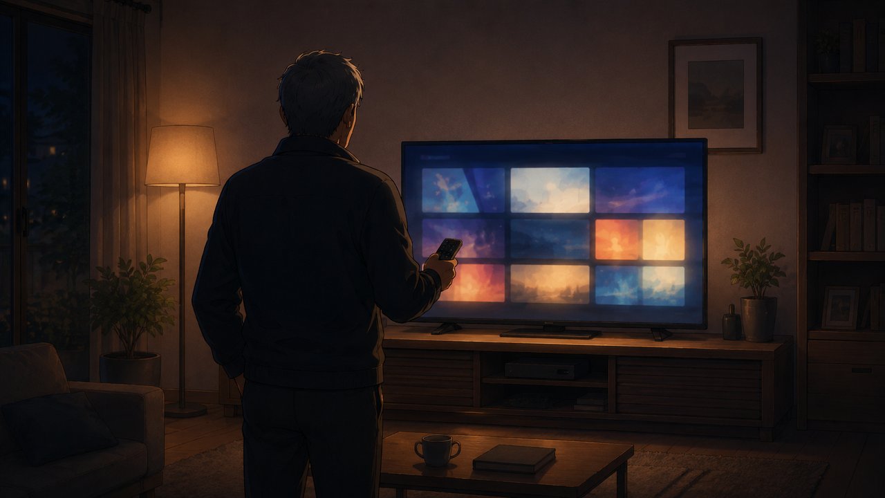 夜の居間でリモコンを手に、テレビの前でどれを見るか思案する中高年男性の後ろ姿、画面には抽象的な色面が並ぶ