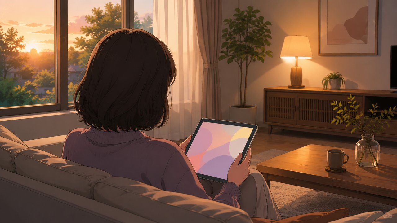 夕暮れの窓越しの光が差し込むリビングで、タブレットを手にソファでくつろぐ中高年女性の後ろ姿
