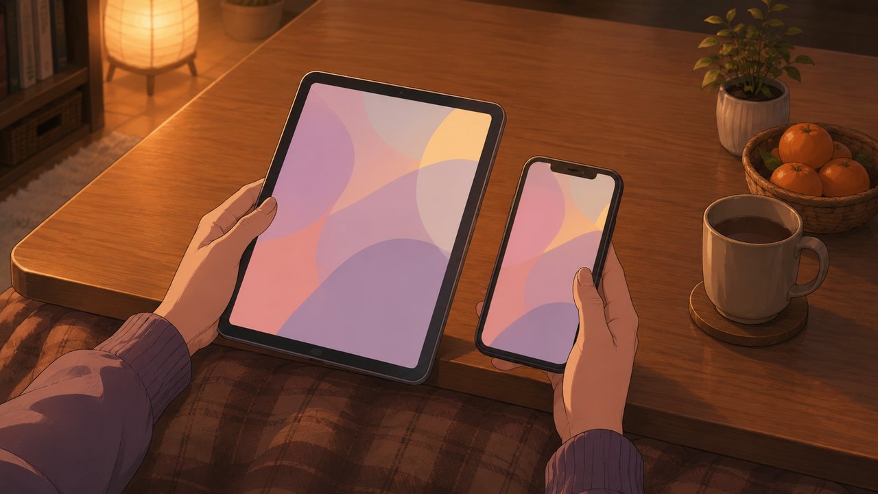 こたつ机の上に置かれたタブレットとスマートフォンを見比べる手元、暖かい照明の下