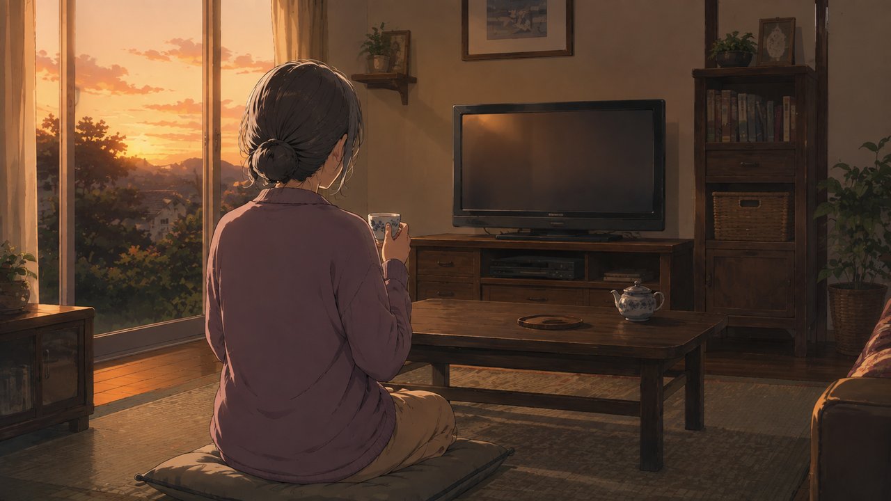 夕方のリビングで、湯呑みを片手にテレビの前に座る年配の女性の後ろ姿