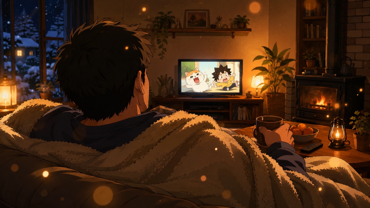 毛布にくるまり、暖炉のある冬のリビングでテレビのアニメを見て笑う男性の後ろ姿