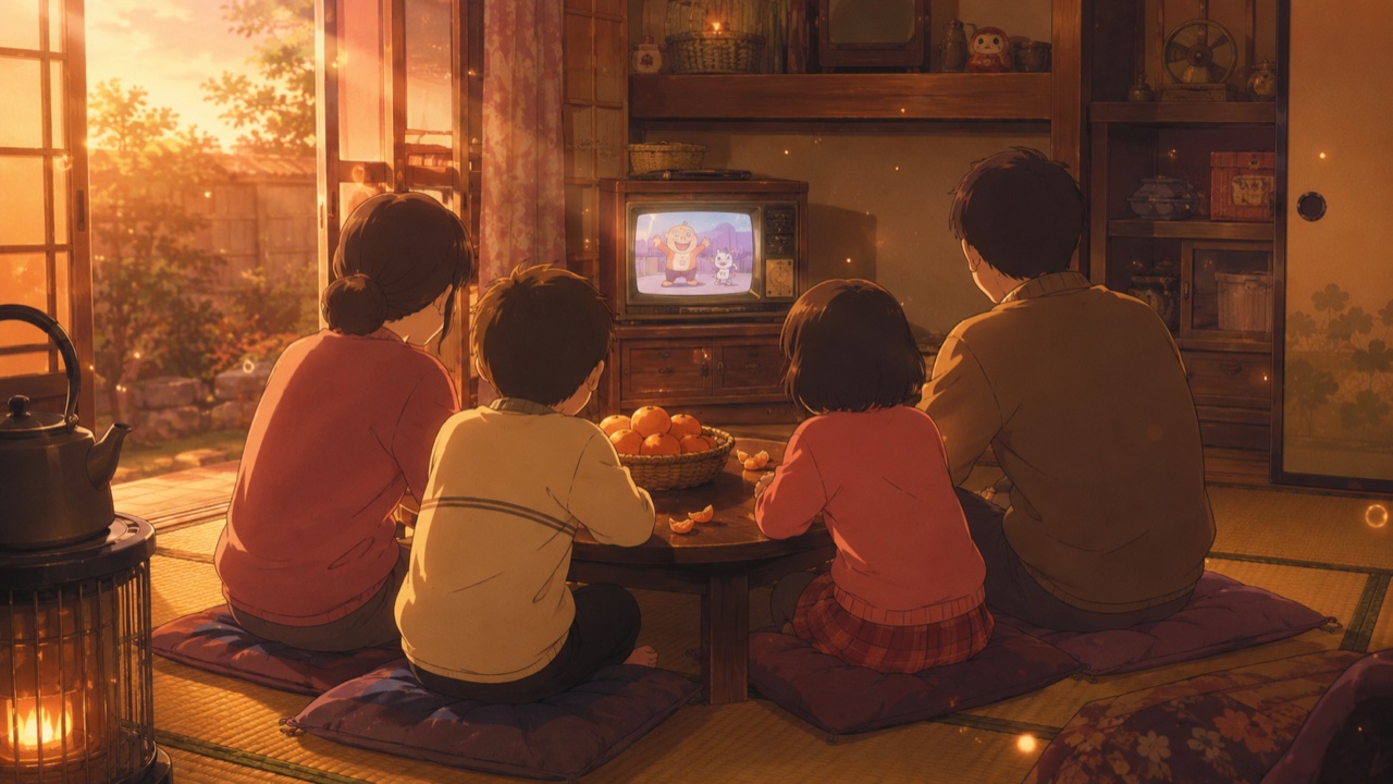昭和のお茶の間でちゃぶ台を囲み、ブラウン管テレビのアニメを見て笑う家族の後ろ姿