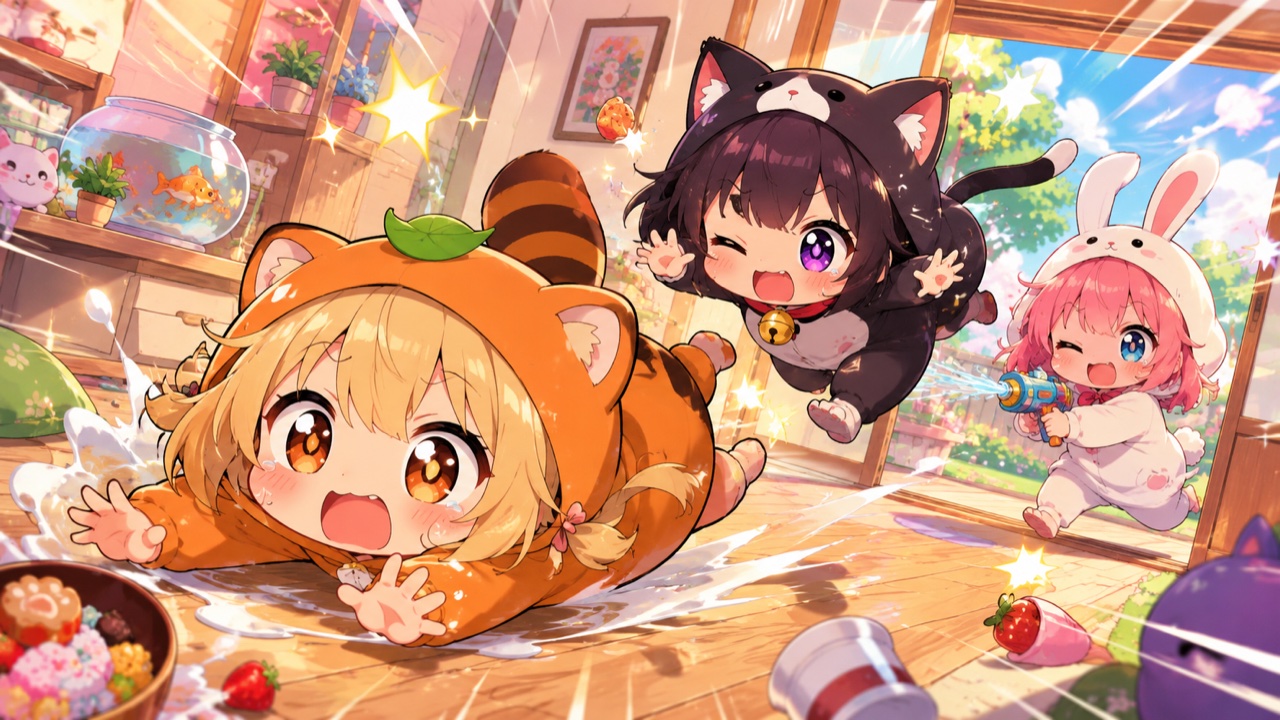 にぎやかにはしゃぐデフォルメされたアニメキャラクターたち