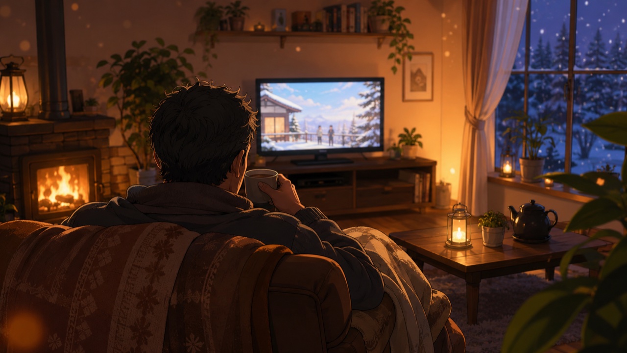 冬の夜、間接照明の部屋でお茶を飲みながらのんびりアニメを見ている中年男性の後ろ姿
