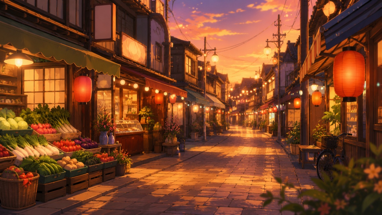 昭和の下町を思わせるレトロな商店街の風景、夕暮れどきの温かい光