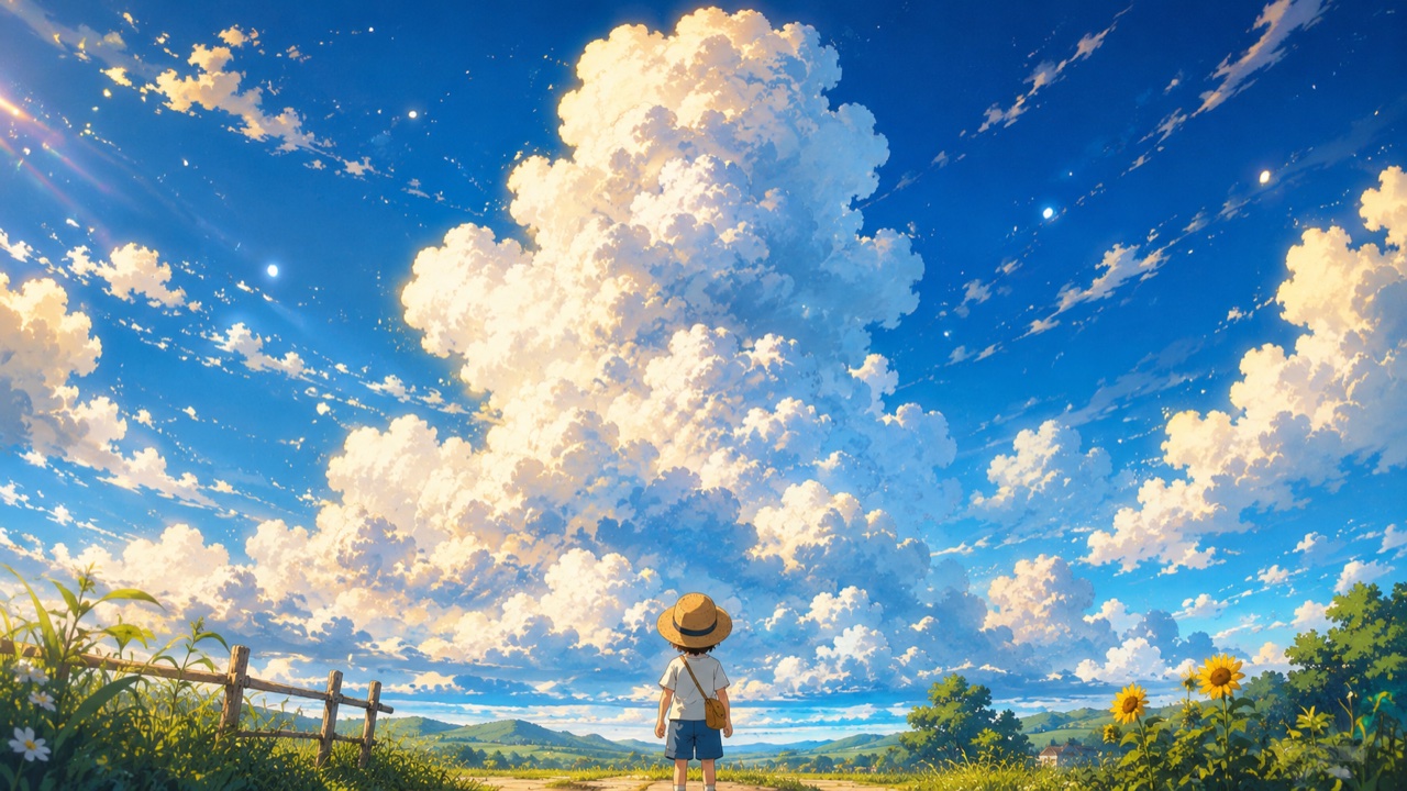 青空に浮かぶ大きな入道雲と、それを見上げる子どもの後ろ姿、のどかで懐かしい情景