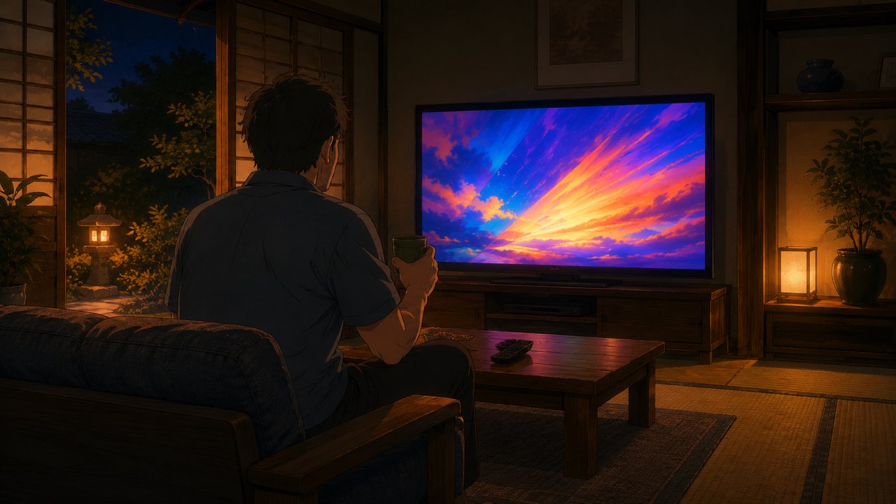 夜のリビングで大画面テレビに映る劇場アニメ調の映像を、湯呑みを手にくつろいで見上げる中年男性の後ろ姿。暖色の間接照明、穏やかな雰囲気
