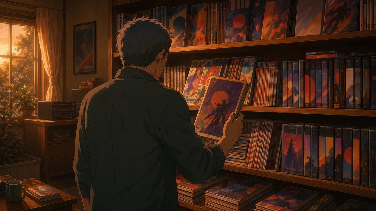 古いアニメ雑誌やソフトが並ぶ棚の前で、懐かしそうに一冊を手に取る白髪まじりの男性の後ろ姿。夕方の柔らかな光。劇場アニメ調セル画タッチ