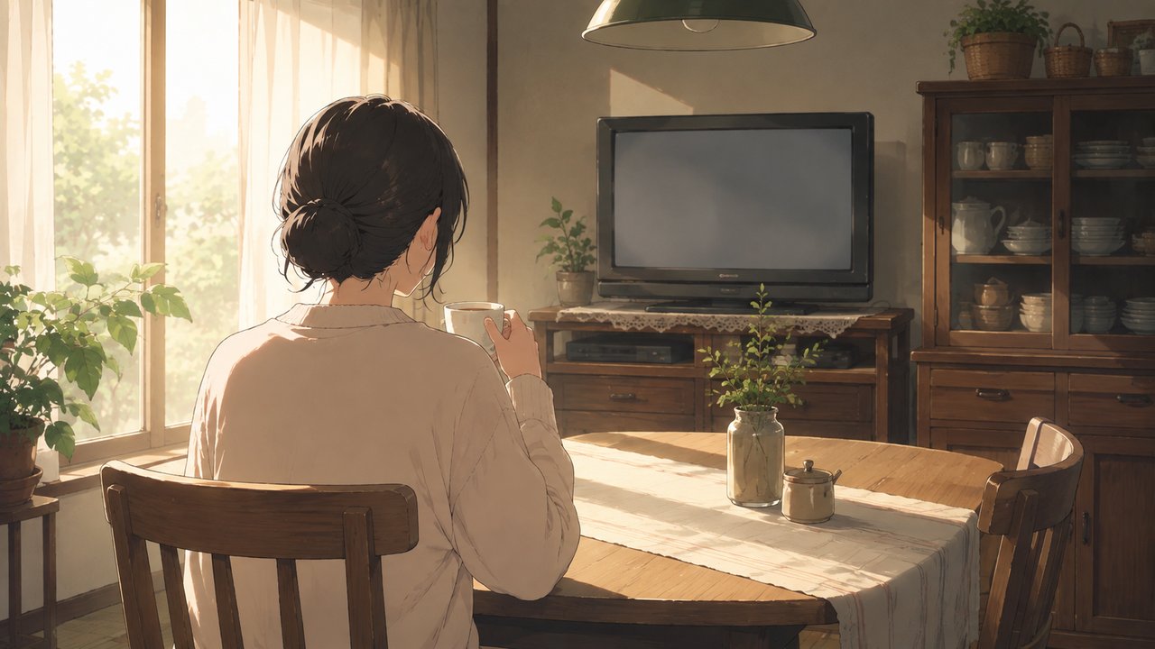 朝の光が差し込むダイニングで、温かい飲み物を手にテレビ画面を見つめる女性の後ろ姿