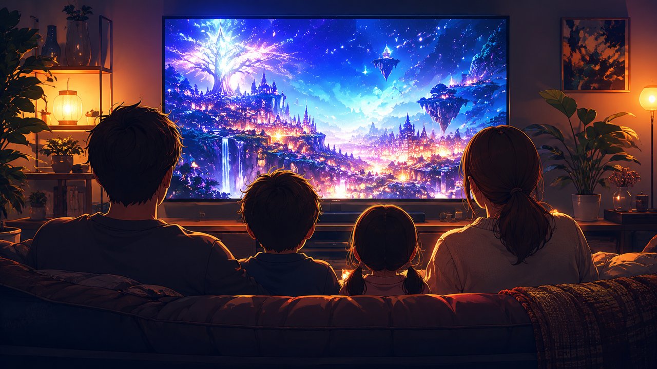 夜のリビングで大画面テレビのファンタジー映像を楽しむ家族の後ろ姿