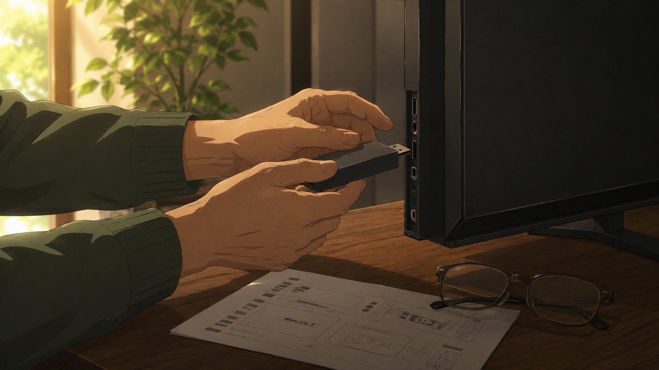 劇場アニメ調セル画。テレビ台の裏側で、薄型テレビの端子に小さなスティック状の機器を挿し込もうとする手元のクローズアップ。脇に老眼鏡と説明書。柔らかな昼の光