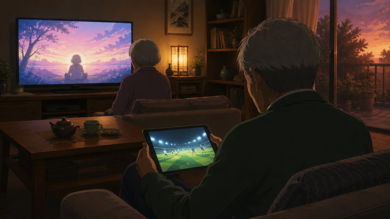 劇場アニメ調セル画。同じリビングで、手前の男性はタブレットにスポーツ風の抽象映像、奥の女性はテレビに懐かしいアニメ風の抽象映像を見ている対比構図の後ろ姿。穏やかな夕暮れ