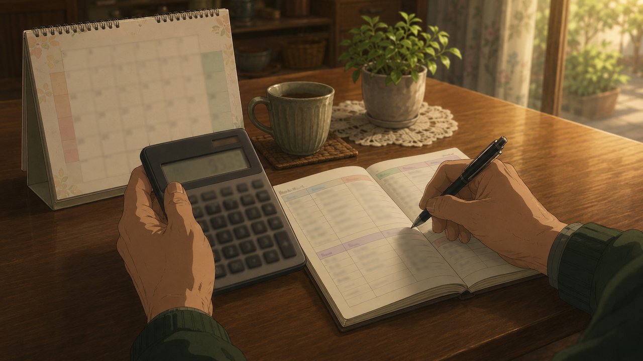劇場アニメ調セル画。カレンダーと家計簿が並ぶ食卓で、電卓を手に月々の料金をノートに書き出している手元。落ち着いた朝の光
