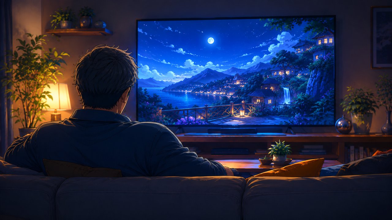 夜の部屋でテレビのアニメ風映像をくつろいで観る中年男性の後ろ姿