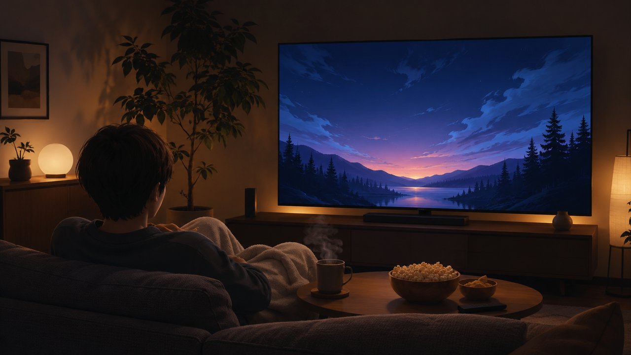 設定を終えたリビングで大画面テレビを楽しむ人物の後ろ姿