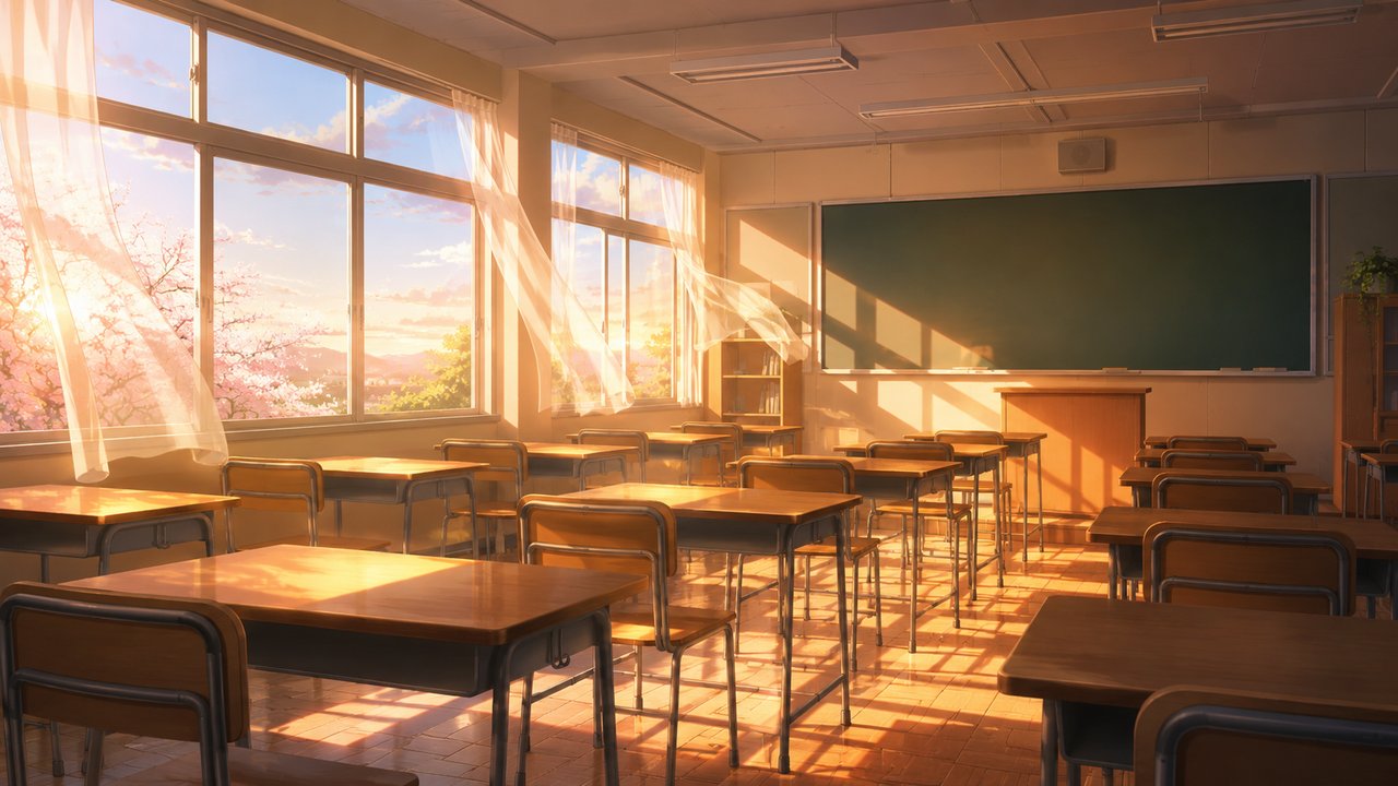 放課後の夕陽が差し込む誰もいない教室、窓際に並んだ机と椅子の長い影