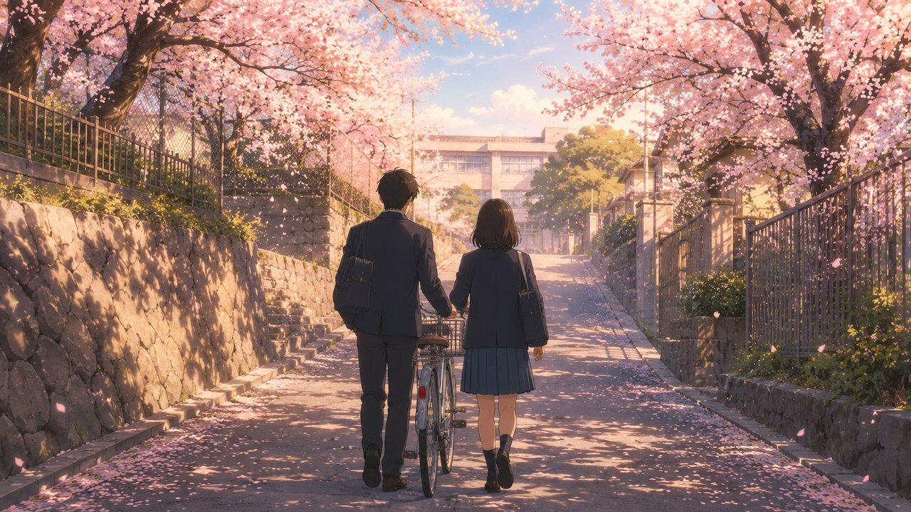 桜の花びらが舞う朝の通学路、自転車を押して並んで歩く制服姿の二人の後ろ姿