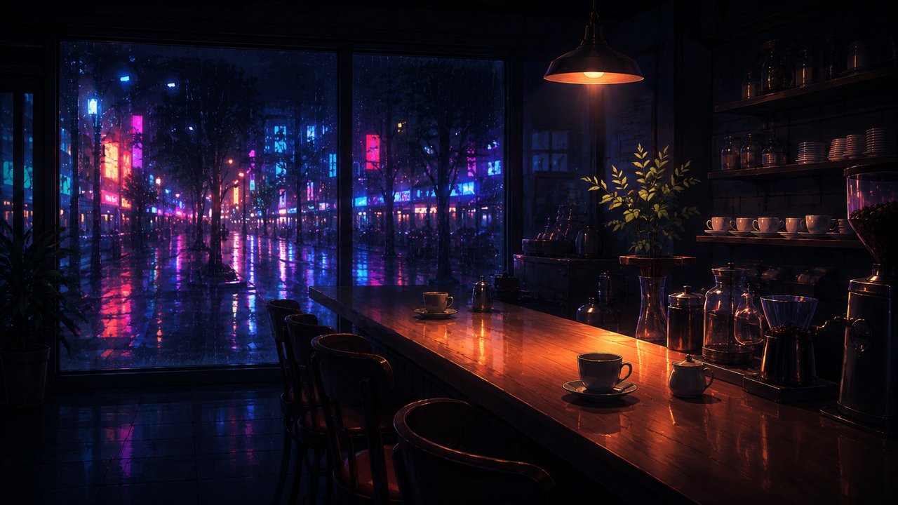 劇場アニメ調セル画。夜の喫茶店のカウンターに差し込む照明、窓の外は雨に濡れたネオン。日常と非日常が静かに交差する大人の情景、人物なし