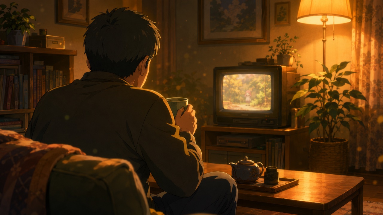 夜のリビングで湯呑みを手に、小さなブラウン管テレビのアニメを眺める中年男性の後ろ姿
