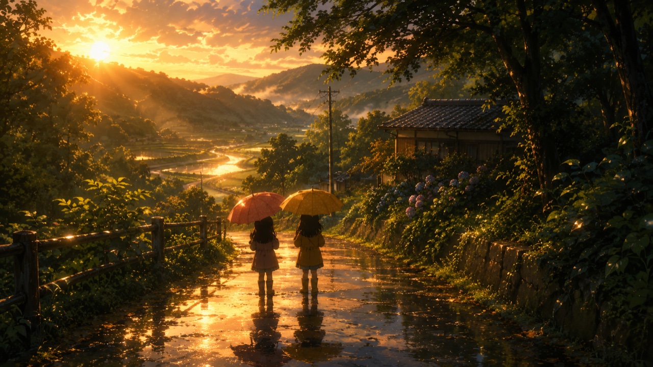 夕立あがりの夏の田舎道を、傘を差して歩く姉妹の後ろ姿