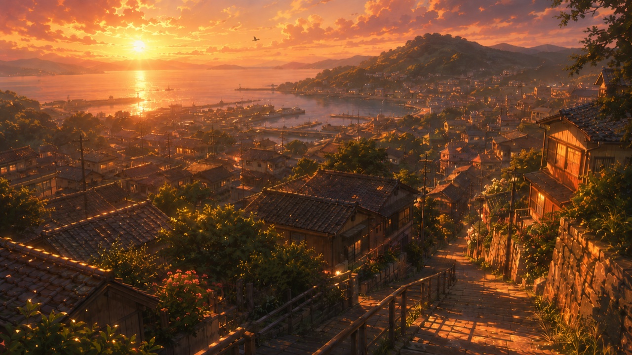 夕暮れの海辺の坂道が続く港町を見下ろす、ノスタルジックな情景