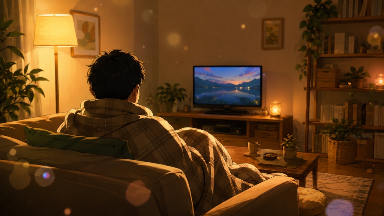 週末の夜、ソファでブランケットにくるまり大画面をぼんやり眺める中年男性の後ろ姿