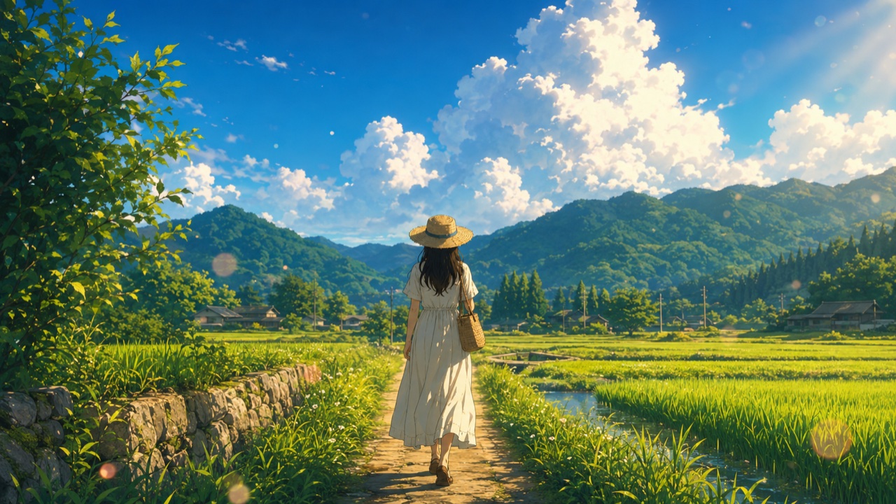 夏の田園風景、あぜ道を歩く女性の後ろ姿と緑の濃い山並み