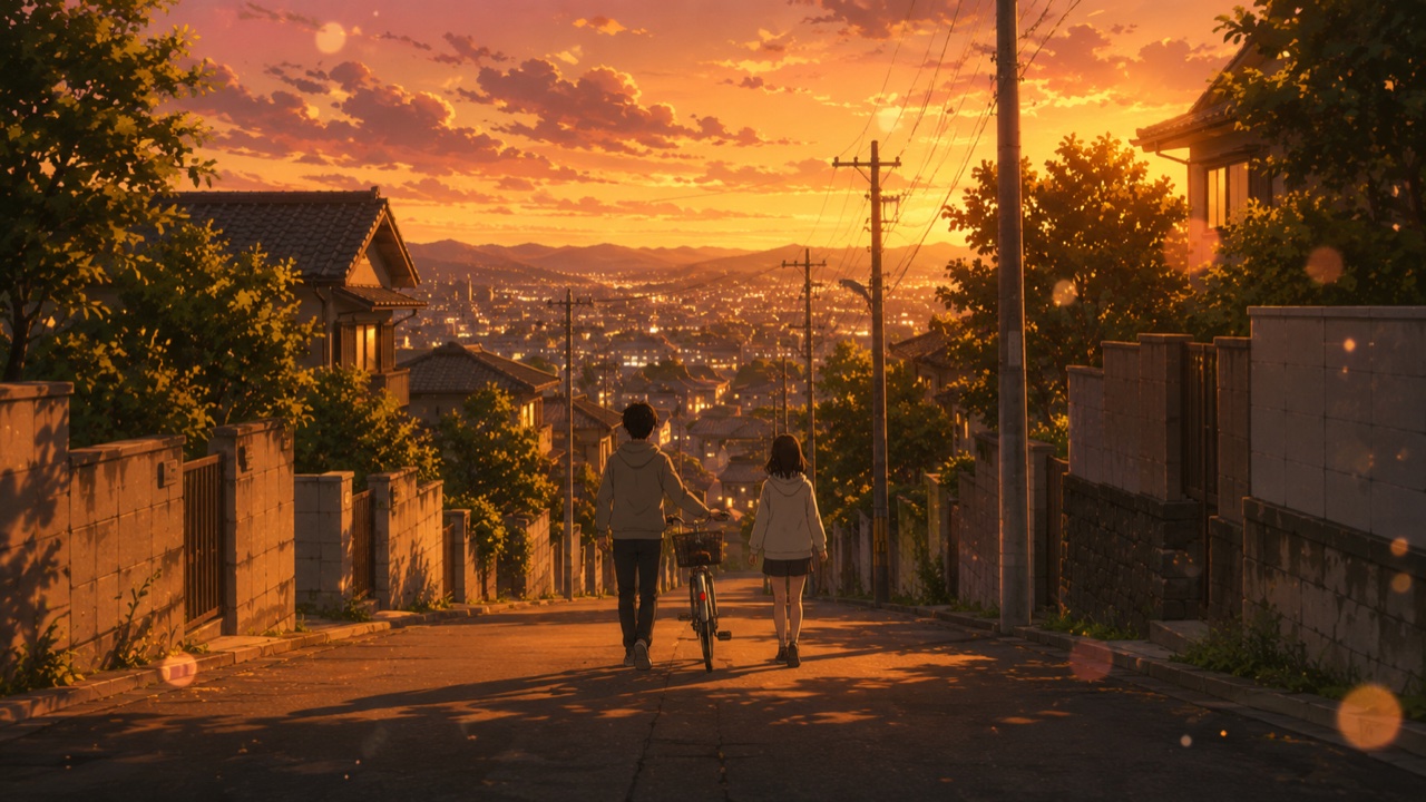 夕暮れの坂道のある住宅街で、自転車を押して歩く二人の若者の後ろ姿と広がる街の灯り