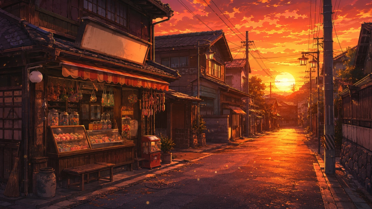 夕焼けに染まる昭和の街並みと路地の駄菓子屋、遠くにのぼる夕日