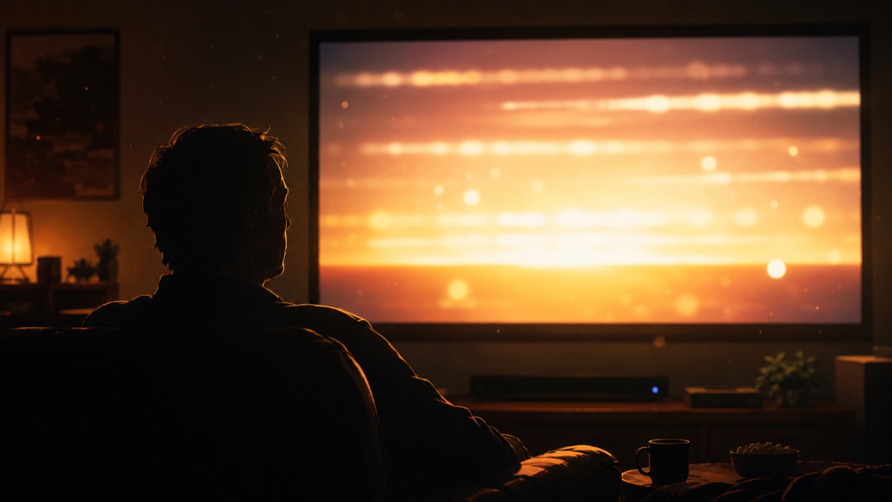 暗い部屋でスクリーンの光を浴び、映画のエンドロールを見つめる中年男性の横顔のシルエット