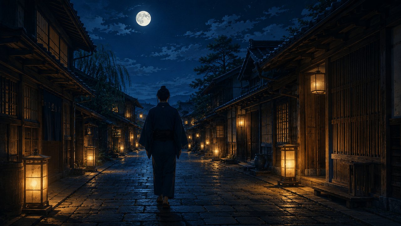 行灯の明かりが揺れる江戸の路地を静かに歩く着物姿の男の後ろ姿、月夜