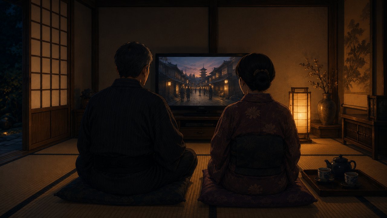 和室でお茶を傍らに置き、テレビで時代劇を楽しむ夫婦の後ろ姿