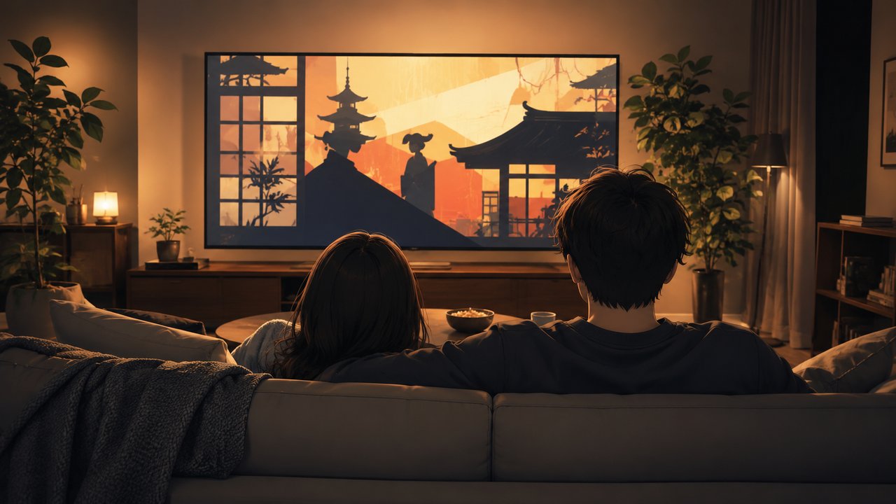 リビングの大画面テレビでくつろぎながら時代劇を楽しむ夫婦の後ろ姿