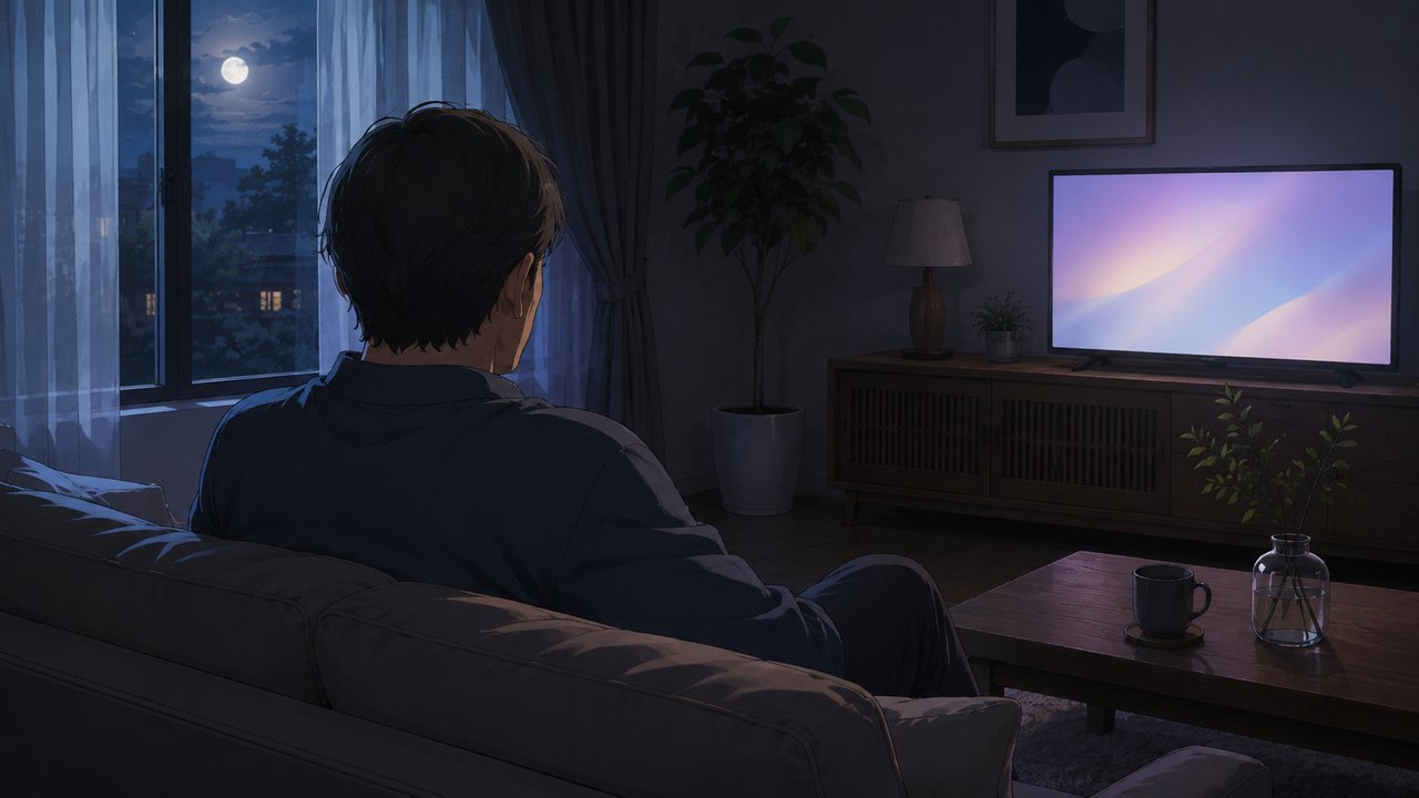 夜、カーテン越しの月明かりが差し込むリビングでソファに腰掛け、テレビの淡い光を見つめる中年男性の後ろ姿