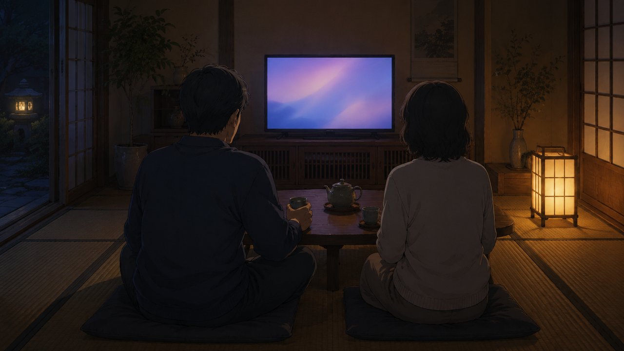 和室の座卓でお茶を飲みながら並んでテレビを見る夫婦の後ろ姿、行灯のような暖かい灯り