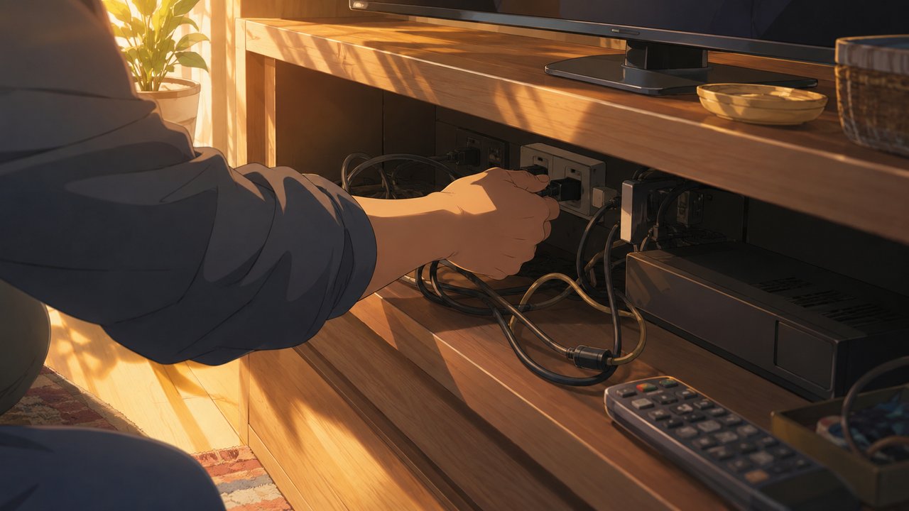 夕方の柔らかな光の中、テレビ台の陰で配線を確認しながら差し込む手元のクローズアップ