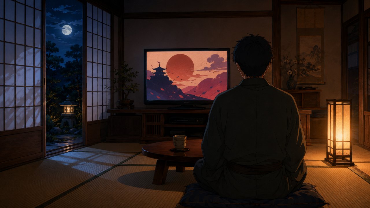 障子越しに月明かりが差す和室で、点けっぱなしのテレビに時代劇風の抽象的な映像が映り、ちゃぶ台の湯呑みを傍らに正座して見入る着物姿の男性の後ろ姿。暖色の行灯、静かな夜。劇場アニメ調セル画タッチ
