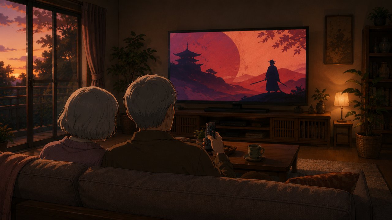 リビングの大画面テレビに時代劇風の抽象的な映像が流れる中、手元のリモコンを持ってソファでくつろぐ初老の夫婦の後ろ姿。夕暮れの柔らかな光。劇場アニメ調セル画