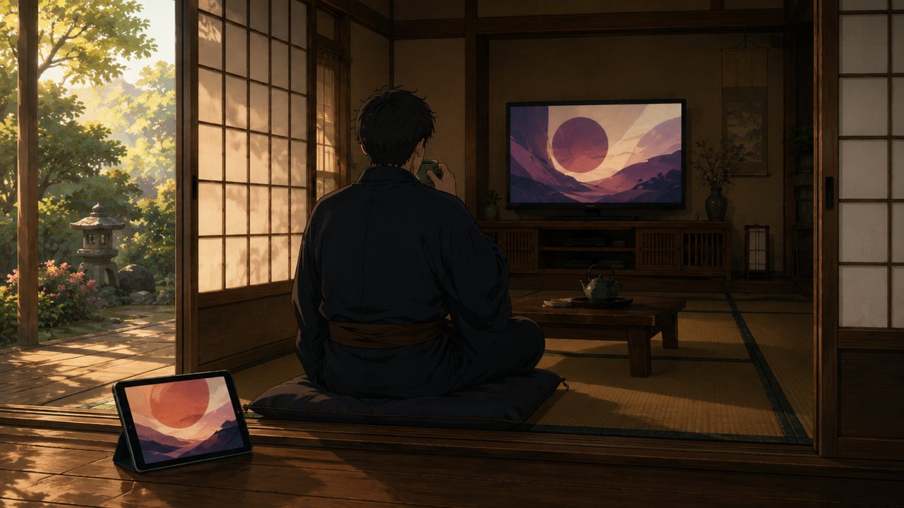 縁側に置いたタブレットと部屋の奥のテレビの両方に抽象的な映像が映る対比構図、その間で茶をすする和装の人物の後ろ姿。障子越しの柔らかな光、穏やかな午後。劇場アニメ調セル画タッチ