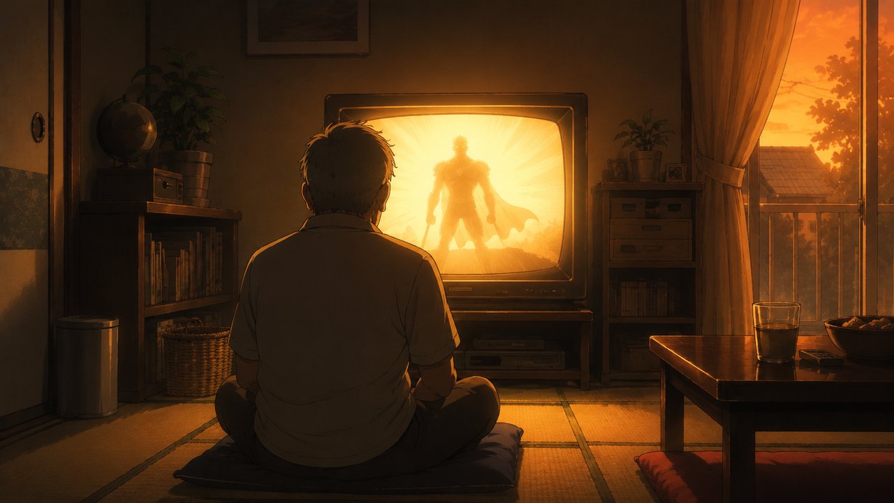 夕暮れの部屋で昔のブラウン管テレビに映る正義のヒーローの光を見つめる中年男性の後ろ姿