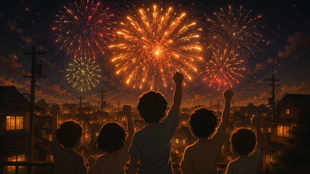 夜空に打ち上がる勝利の花火を見上げて拳を上げる子どもたちのシルエットの後ろ姿