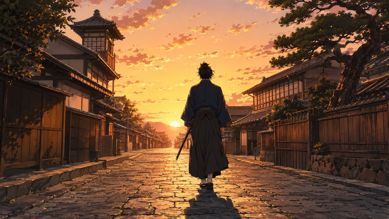 明治時代の石畳の道を夕日に向かって歩く、刀を腰に差した着物姿の剣士の後ろ姿