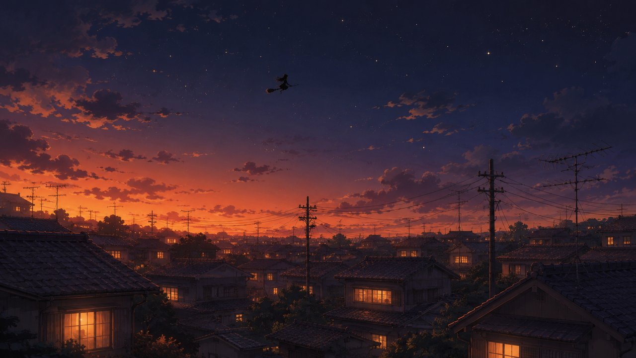 劇場アニメ調セル画。ほうきに乗って夜空を横切る小さな人影のシルエットと、その下に広がる昭和の住宅街の屋根と電柱。窓の暖かい灯り、紺と橙の夜空