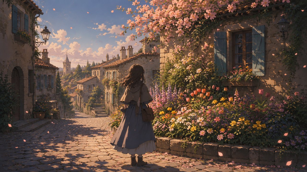 劇場アニメ調セル画。ヨーロッパ風の石畳の街角、色とりどりの花が咲く花壇を見つめる旅装の少女の後ろ姿。春の柔らかな陽射しと風に舞う花びら