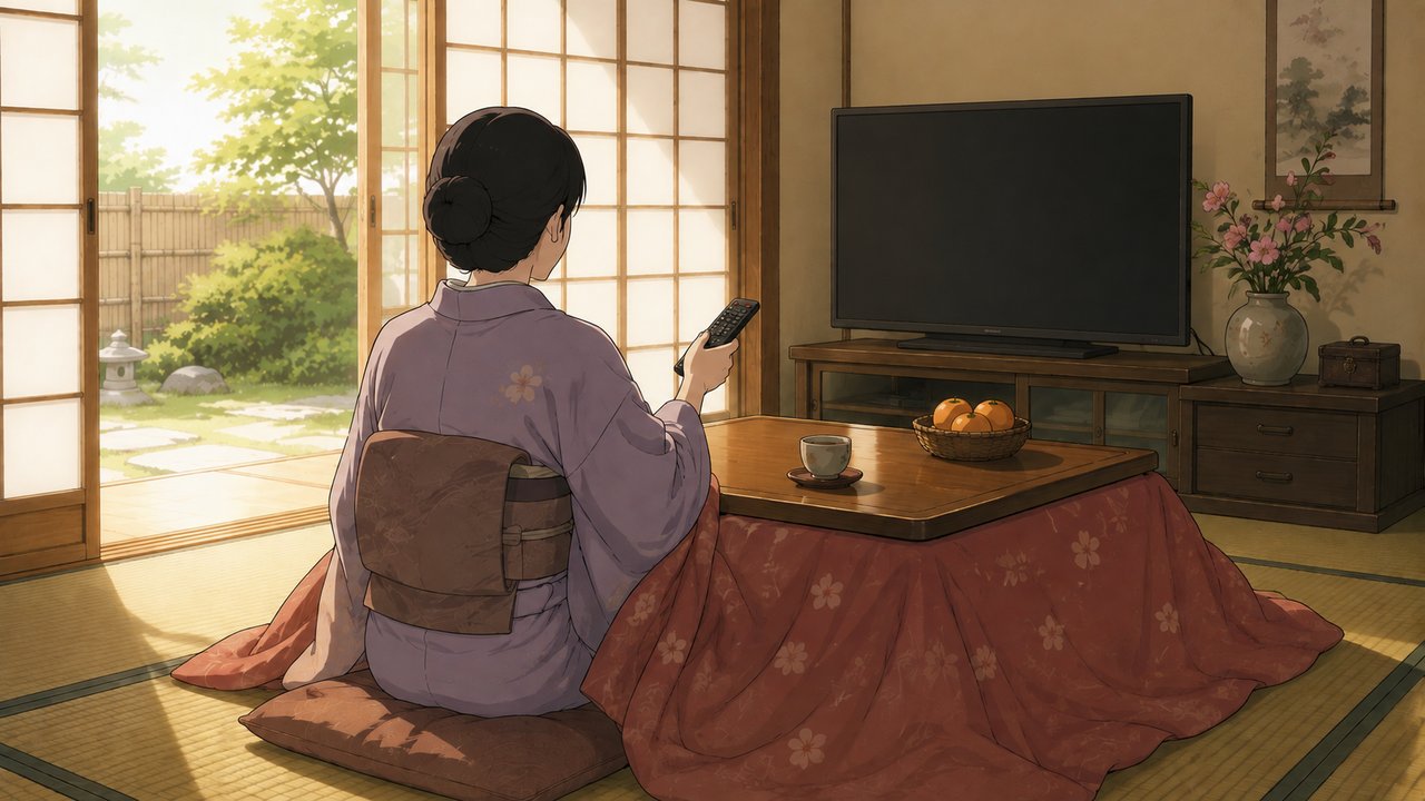 こたつに座りリモコンを手にテレビの前でくつろぐ和装の女性の後ろ姿、明るい昼下がりの光