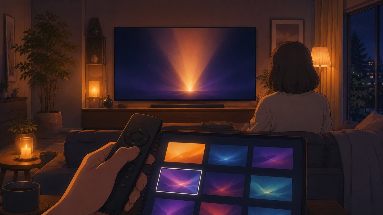 手前にリモコンを持ち、作品一覧を思わせる抽象的なサムネイルの色面が並ぶ画面を選ぶ手元。奥の大画面テレビには一点集中の映像の光。落ち着いた室内の人物の後ろ姿。劇場アニメ調セル画